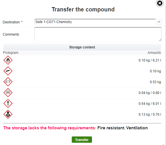 Chemical transfer dialog